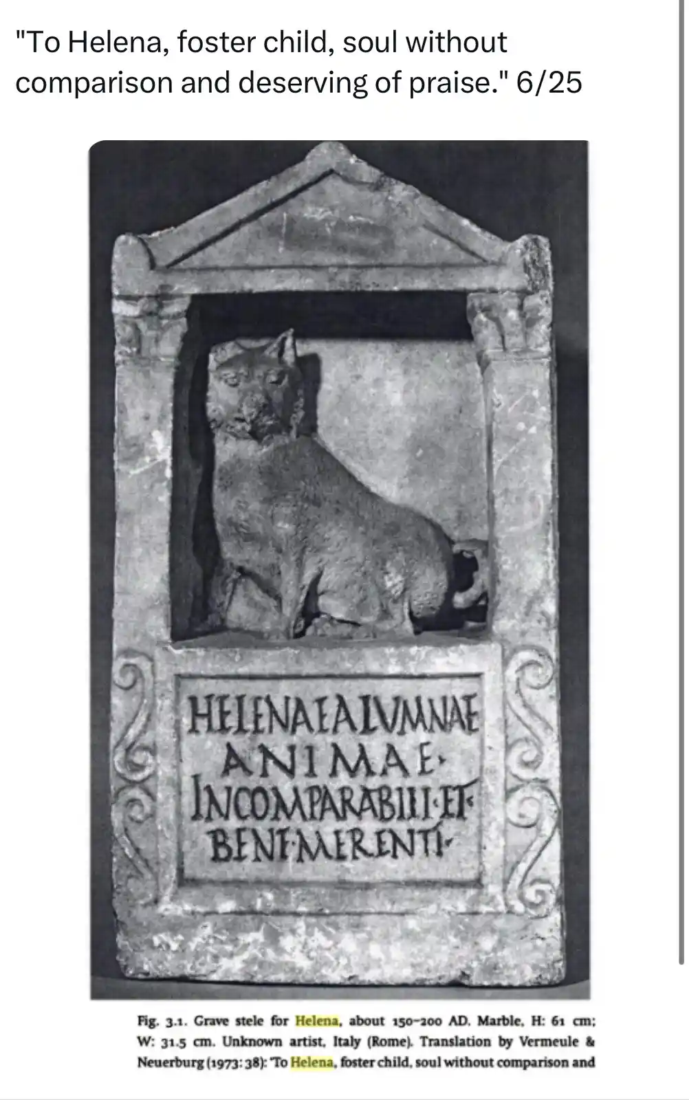 A black-and-white photo shows an ancient Roman marble grave stele featuring a carved seated lion. Below the lion, an…