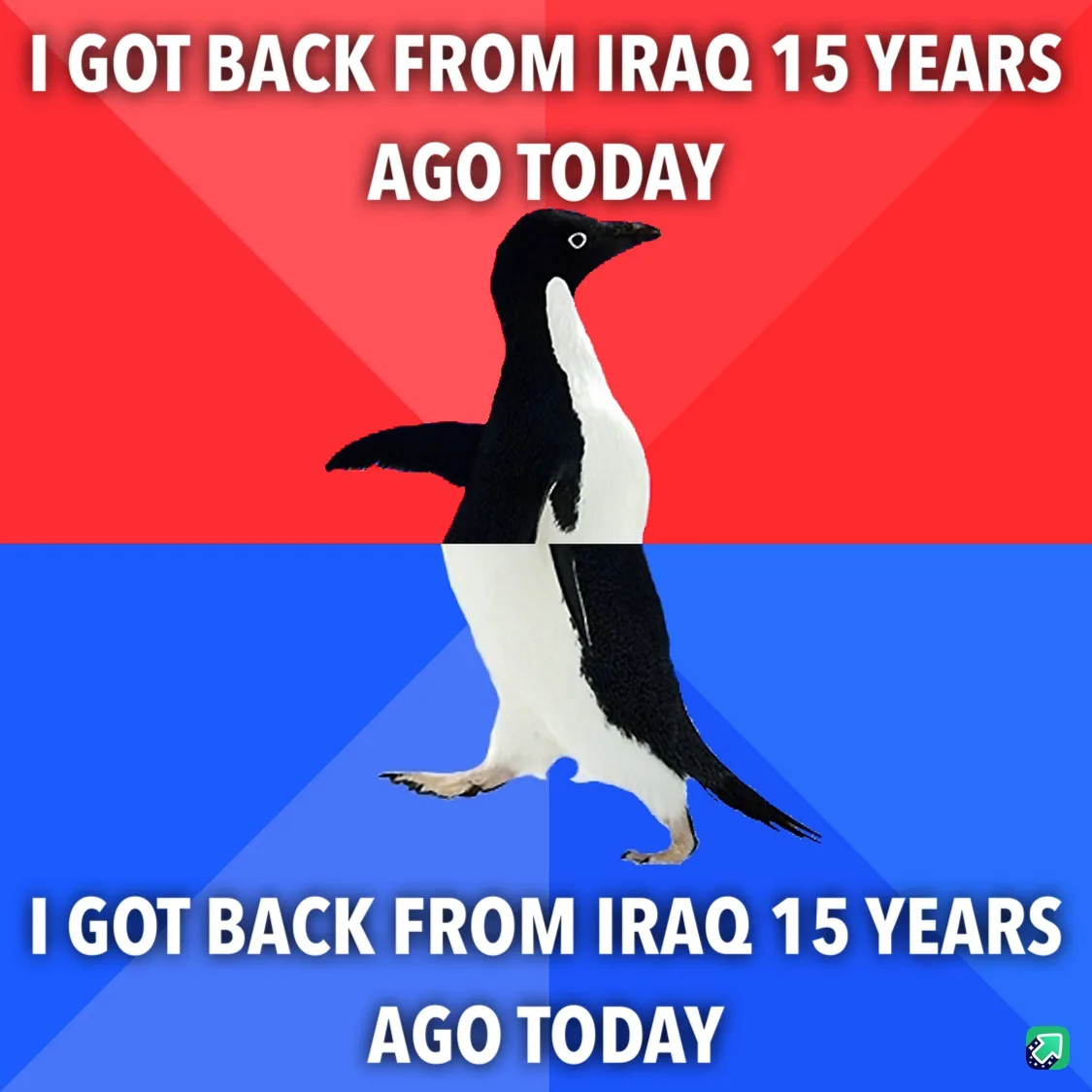 A penguin stands centered against a red and blue background, with identical white text overlaid on both halves reading 'I…