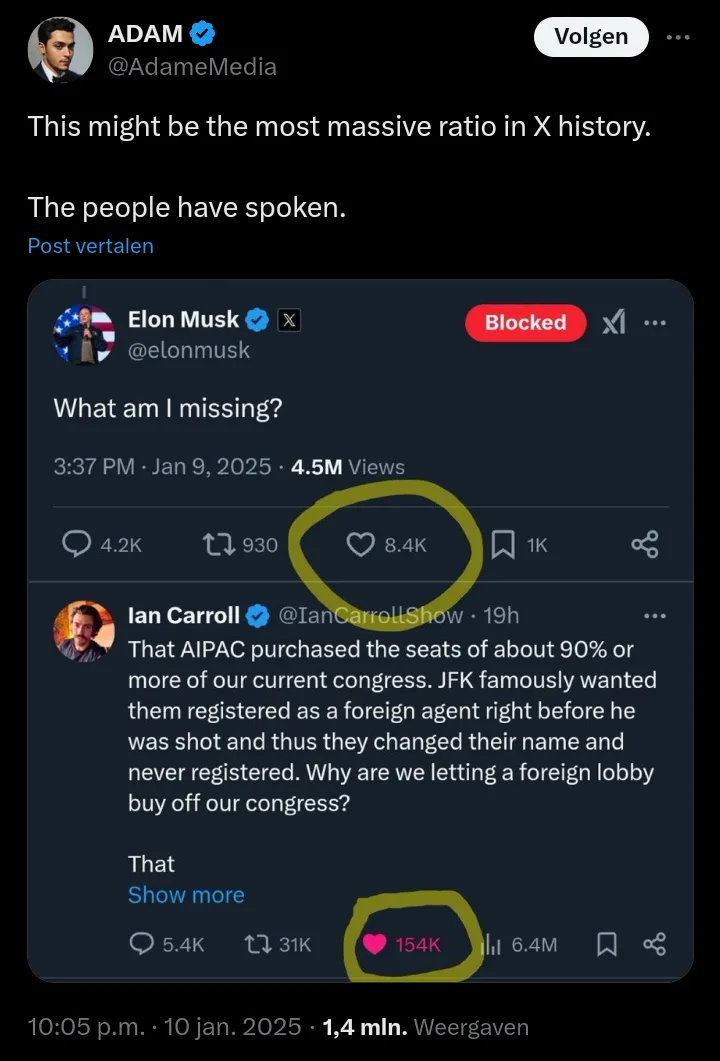 A screenshot of a Twitter/X interface shows a tweet from Elon Musk with 8.4K likes circled in yellow, and below it, a reply…