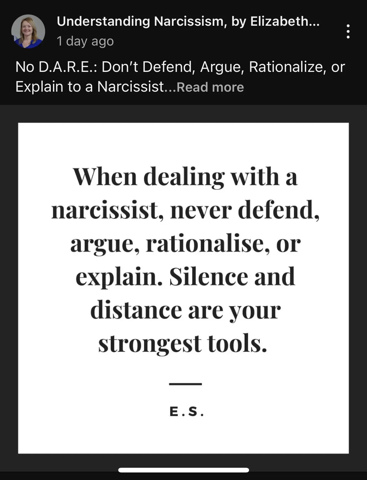 A white text box on a black background displays the advice: 'When dealing with a narcissist, never defend, argue…