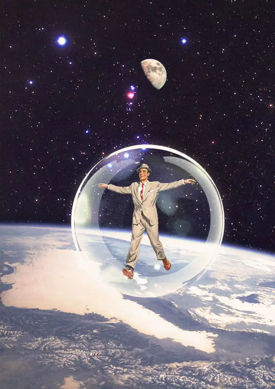 A man in a suit and hat stands inside a transparent bubble floating above Earth, with stars, the moon, and clouds visible in…