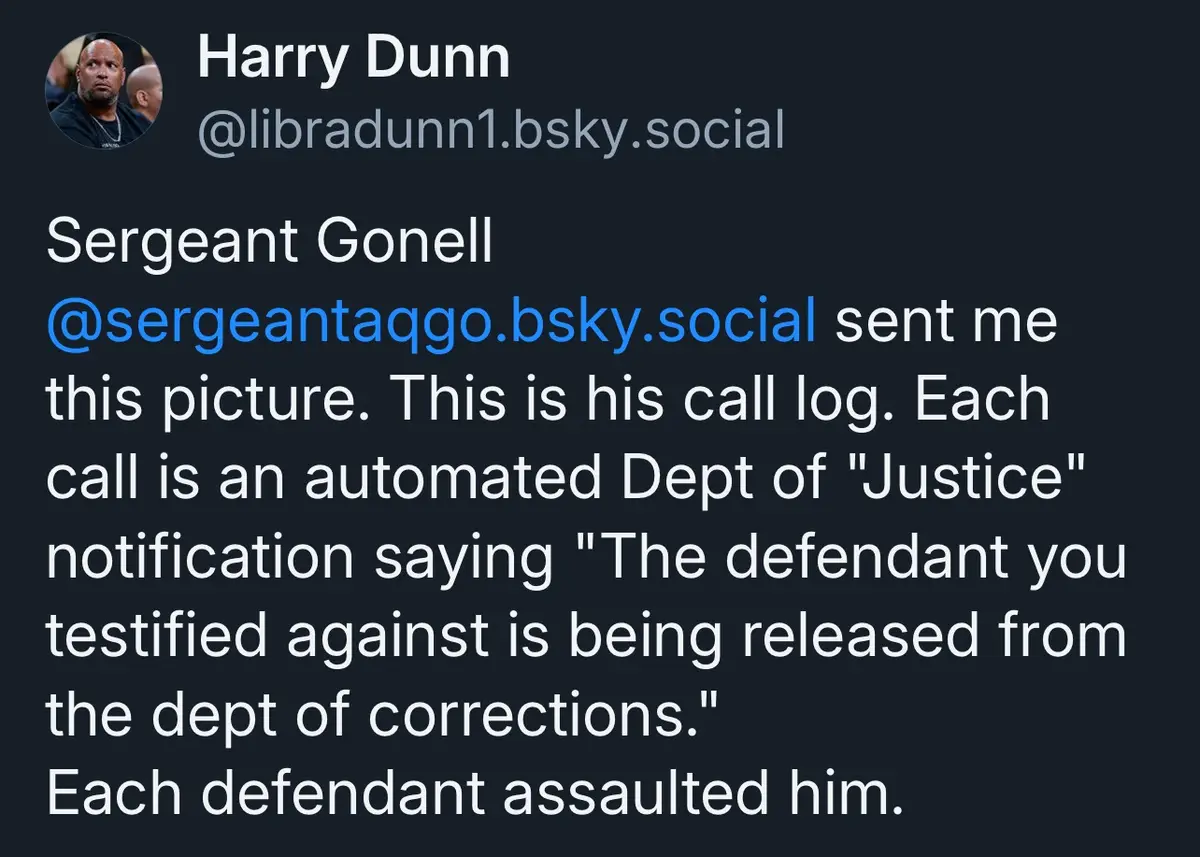 A screenshot of a social media post by Harry Dunn, showing a text message from 'Sergeant Gonell' describing a call log where…