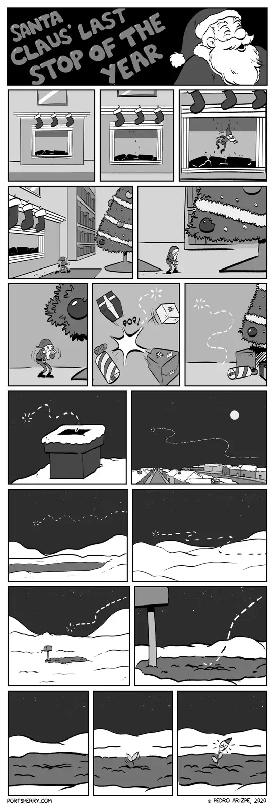 A black-and-white comic strip titled 'SANTA CLAUS' LAST STOP OF THE YEAR' shows Santa Claus descending a chimney, then a…