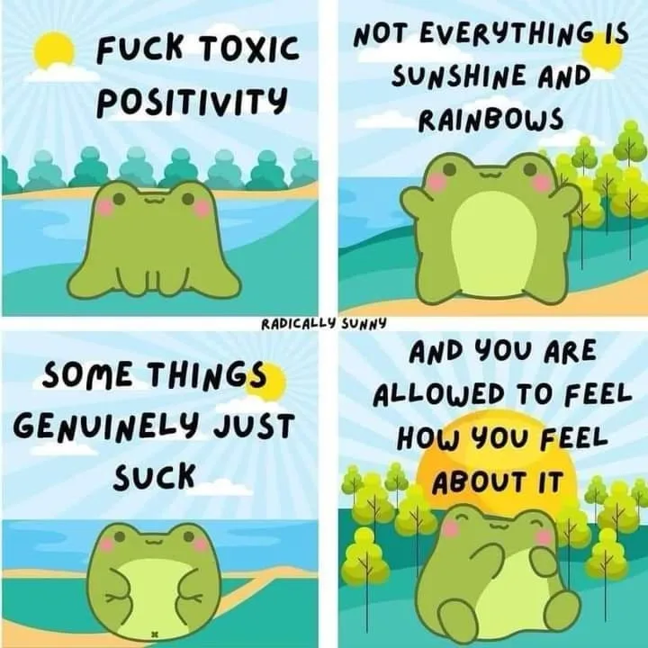 A four-panel comic featuring a cute green frog in various sunny, cartoonish outdoor scenes. Each panel has bold black text…