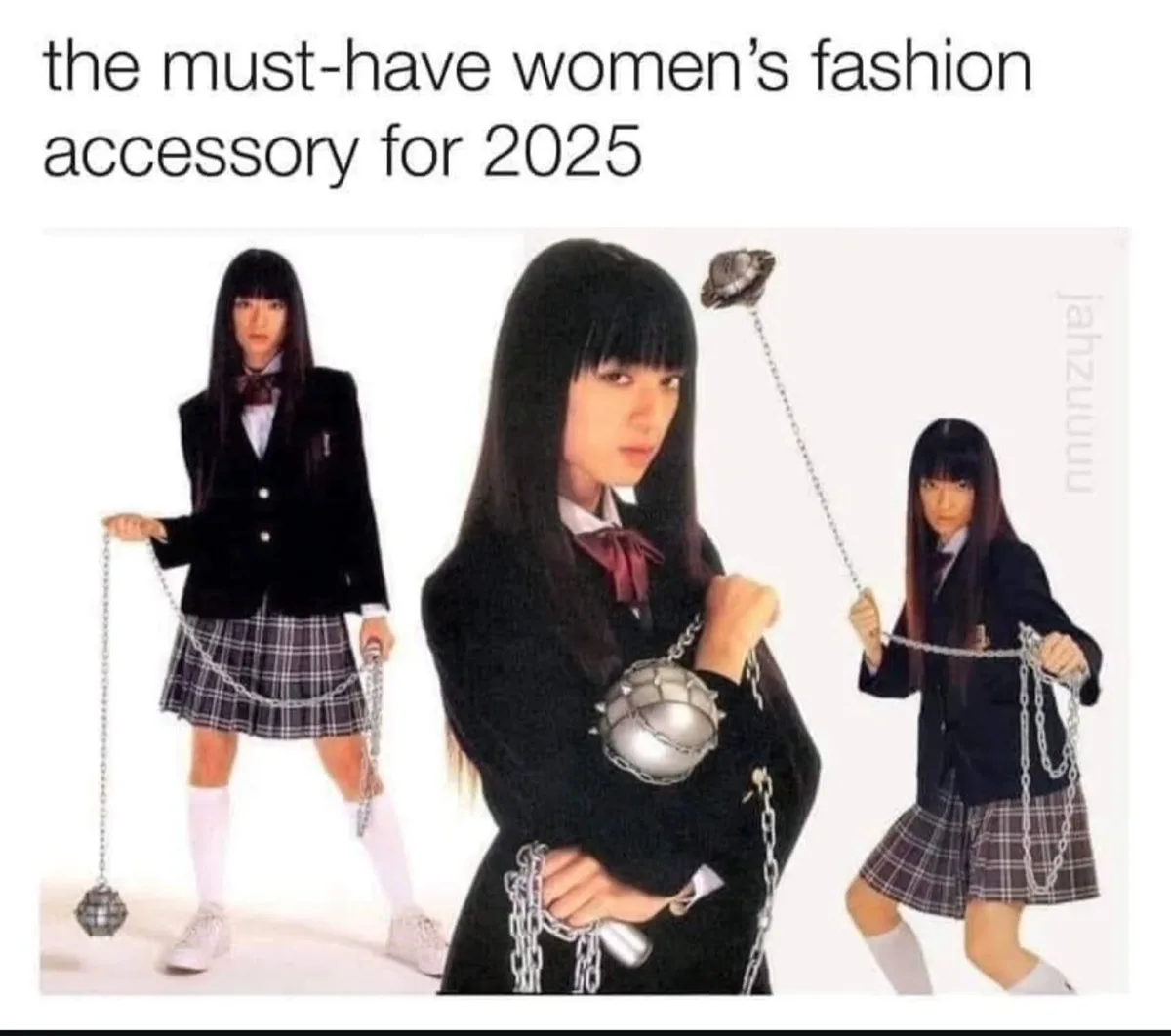 Three images of a young woman in a school uniform holding various chain-and-ball accessories, with text above reading 'the…
