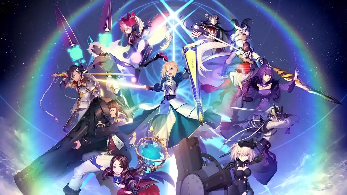 A vibrant anime illustration features multiple characters in dynamic combat poses against a cosmic backdrop with a glowing…