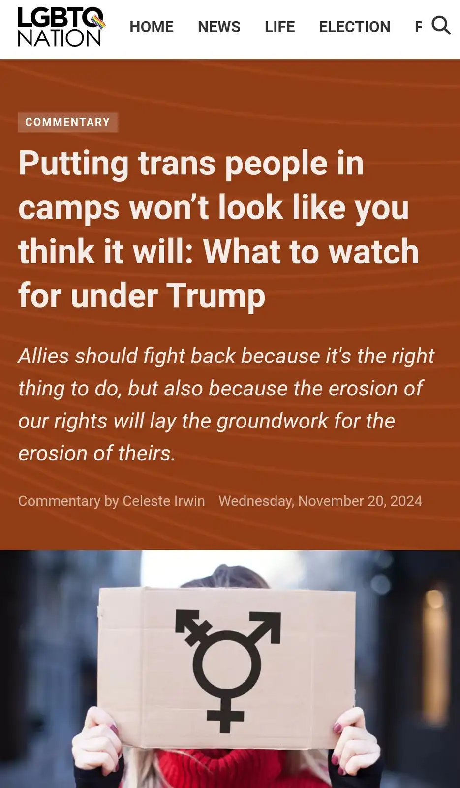 A screenshot of an LGBTQ Nation article titled 'Putting trans people in camps won't look like you think it will: What to…