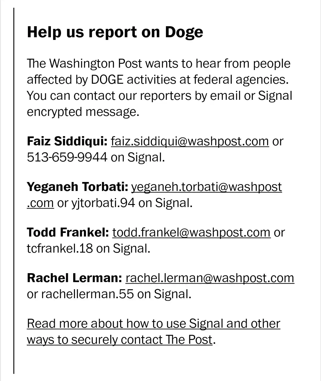 A Washington Post contact sheet for reporting 'DOGE activities' at federal agencies, listing reporters' names, email…