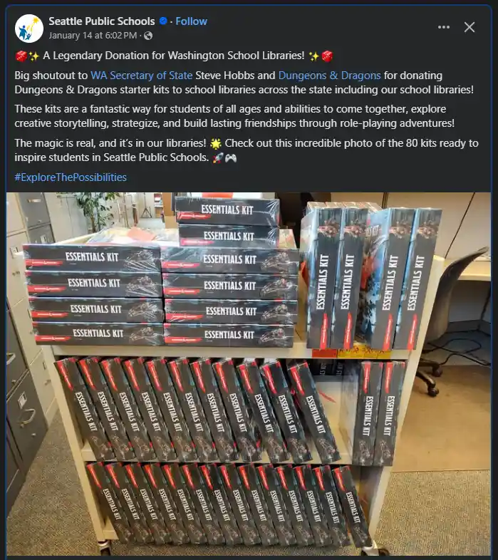 A social media post from Seattle Public Schools shows multiple stacks of 'Essentials Kit' Dungeons & Dragons starter kits…