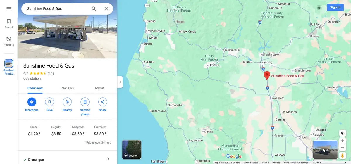 A Google Maps screenshot showing a gas station named 'Sunshine Food & Gas' with a 4.7-star rating and fuel prices listed on…