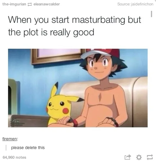 A shirtless anime boy with a red cap sits on a couch next to a yellow Pikachu, both looking at the viewer with a calm…