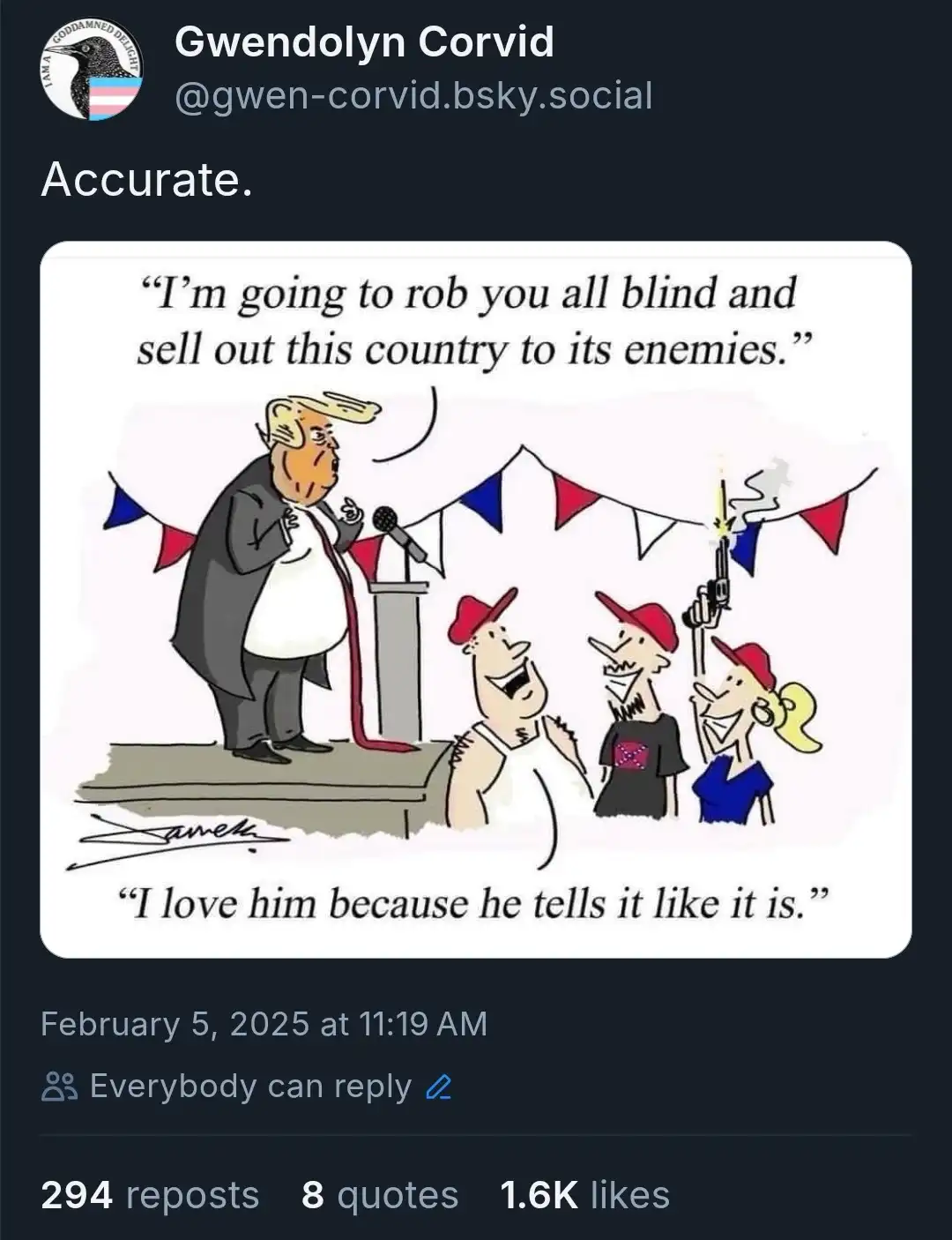 A cartoon depicts a caricature of Donald Trump speaking at a podium with red, white, and blue bunting behind him. Three…