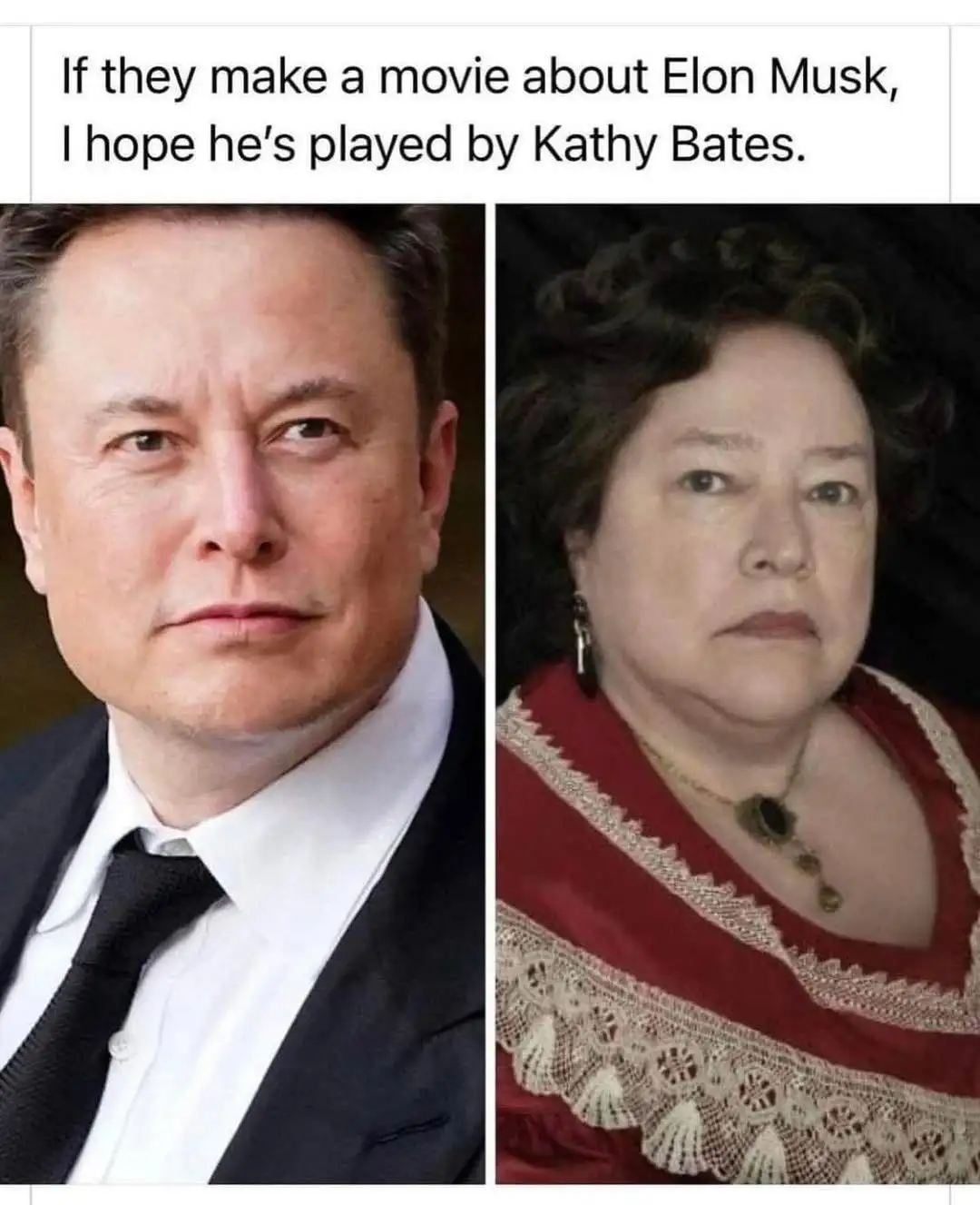 The image displays two side-by-side headshots: on the left, Elon Musk in a dark suit and tie, and on the right, actress…