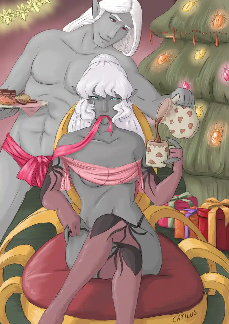 Two grey-skinned, white-haired elf-like figures are in a festive setting with a decorated tree covered in glowing spiders…