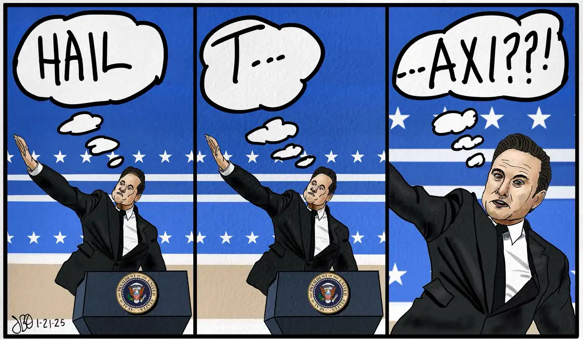 A three-panel comic strip shows a man in a suit at a presidential podium with the Seal of the President of the United…