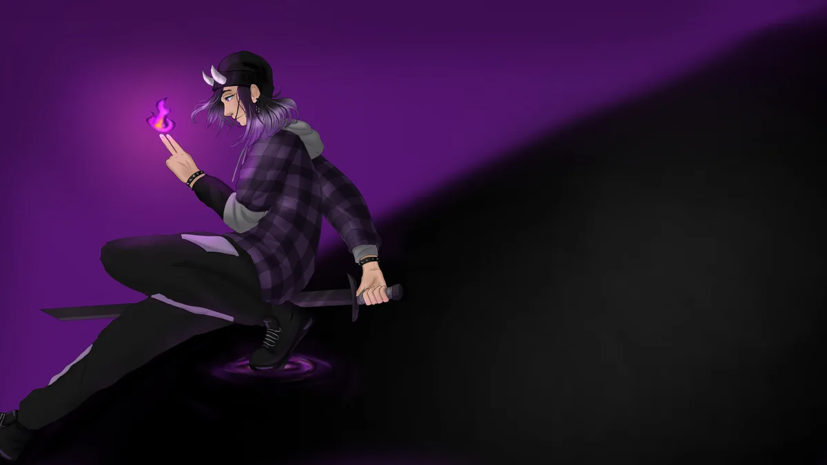 An anime-style character with purple hair, a black beanie with horns, and a plaid hoodie sits in a dynamic pose holding a…
