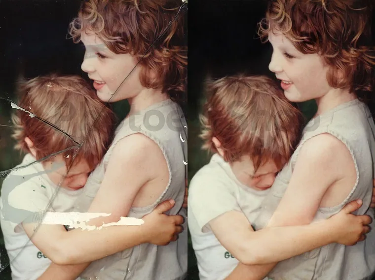 A split image shows a vintage photo of two young children hugging; the left side is cracked and damaged, while the right…
