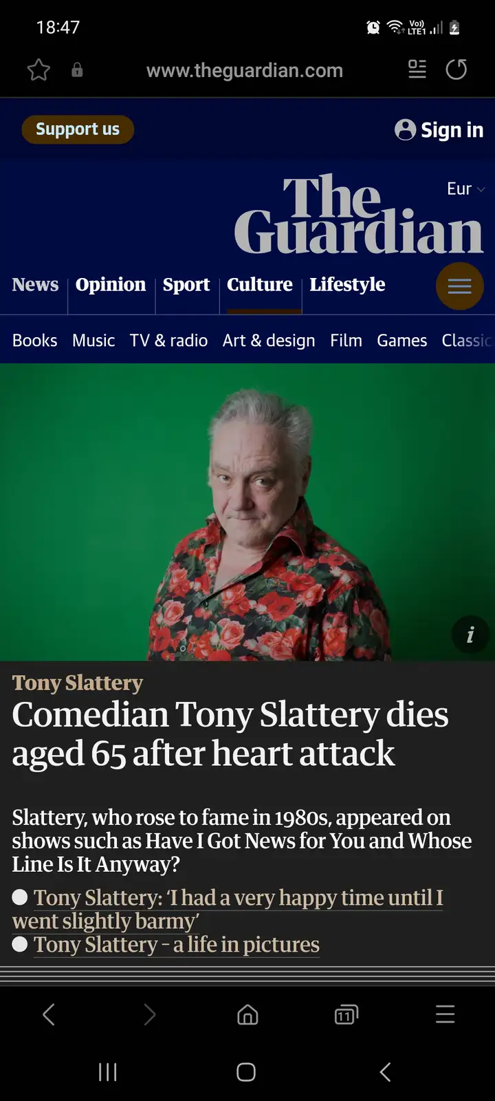 A screenshot of The Guardian's mobile website shows a news article about comedian Tony Slattery's death. The article's…