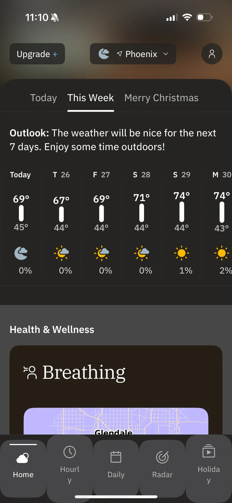 A screenshot of a weather app showing a 7-day forecast for Phoenix with temperatures and icons, overlaid with the text…