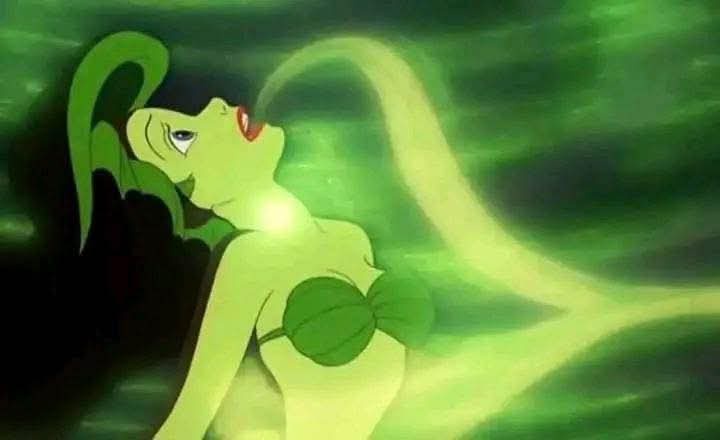 a green-skinned mermaid with long flowing hair and a leaf bikini is shown underwater, glowing with a bright green aura. The…