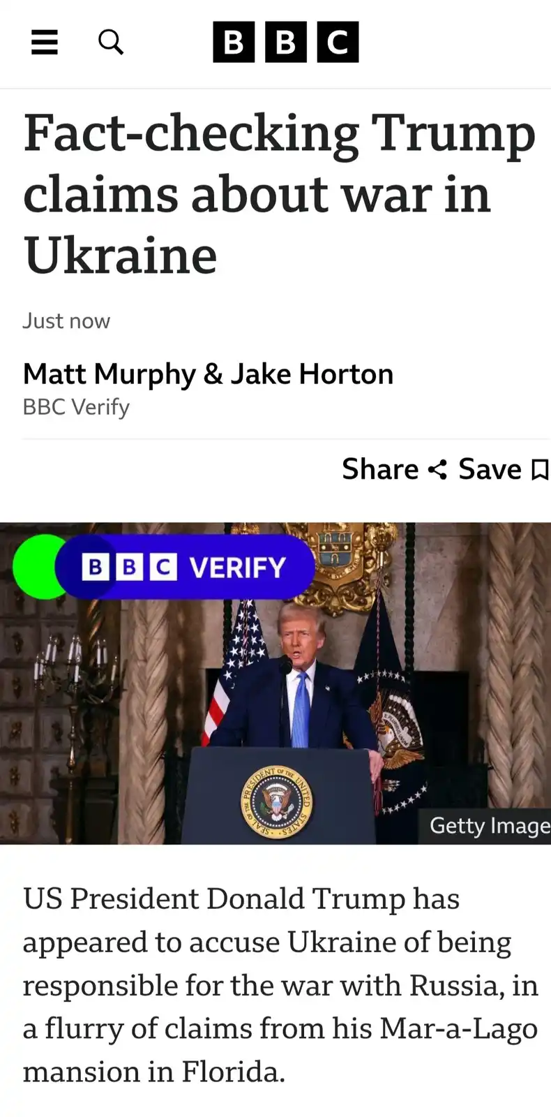 A BBC Verify article screenshot shows a photo of Donald Trump speaking at a podium with the presidential seal, flanked by…