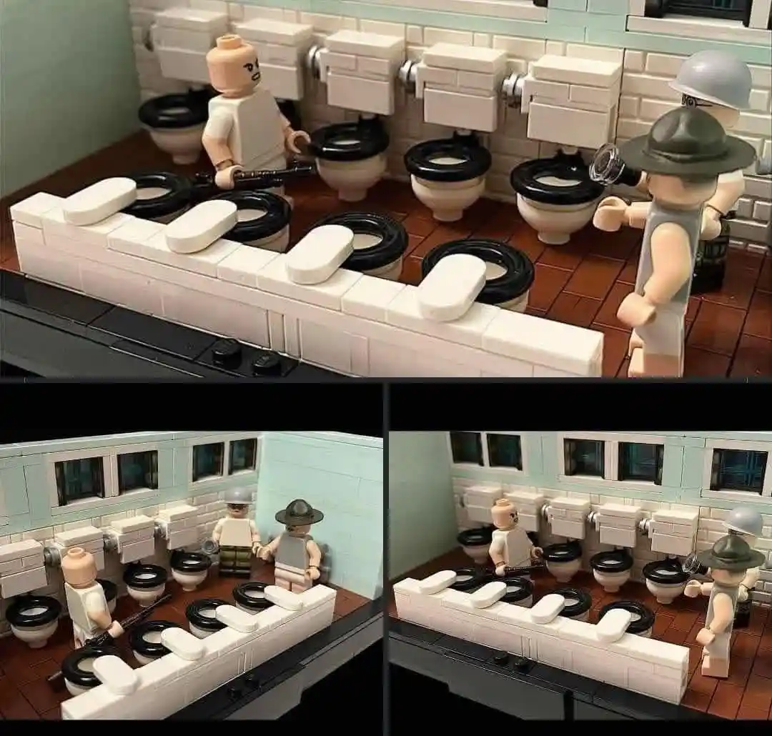 A composite image shows three views of a LEGO diorama depicting a row of toilets. One LEGO minifigure holds a gun while…