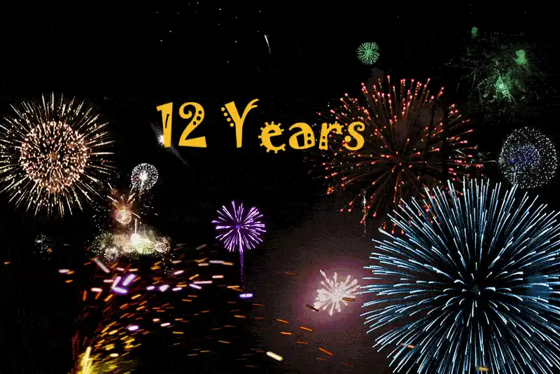 The image displays two rows of colorful fireworks exploding against a black night sky. The text '12 Years' is overlaid in…