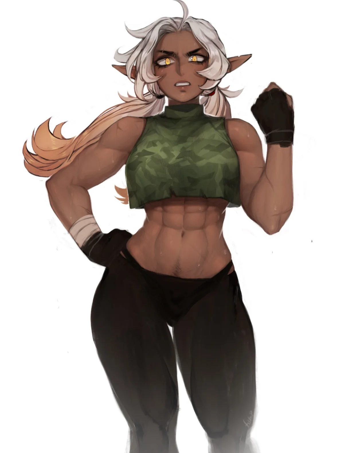 An anime-style illustration of a muscular elf woman with white hair and pointed ears, wearing a green camouflage crop top…