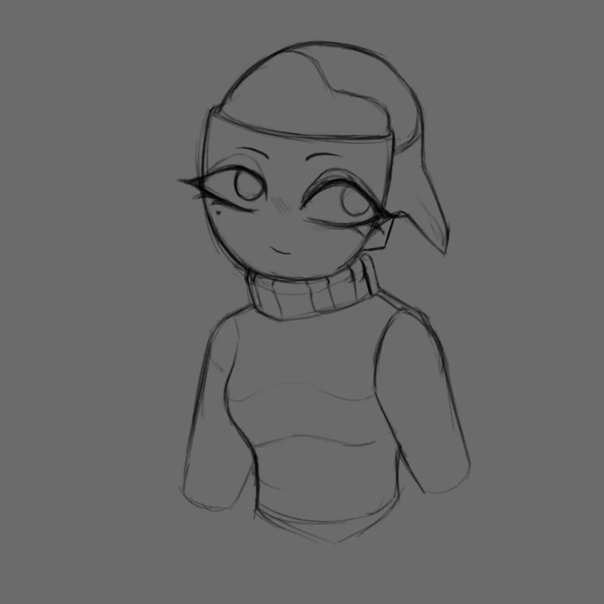 A grayscale sketch of a chibi-style anime character with large eyes, a small smile, and short hair, wearing a turtleneck…