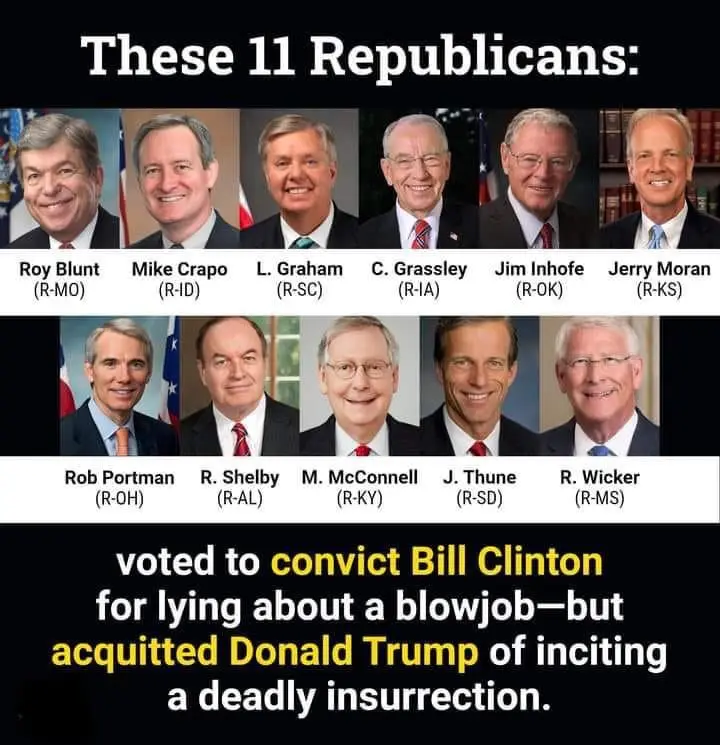 The image displays a grid of 11 headshots of Republican U.S. Senators, each labeled with their name and state abbreviation…