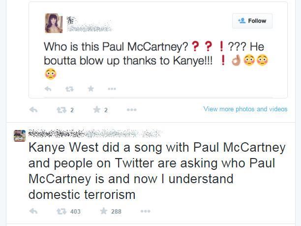 The image shows two Twitter posts. The top post, from a user with a blurred profile, asks 'Who is this Paul McCartney? ???!…