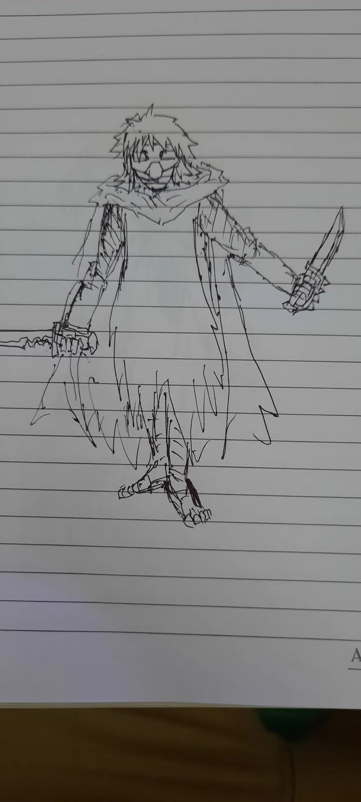 A rough, black ink sketch on lined notebook paper depicts a stylized anime character with spiky hair, a wide grin, and a…
