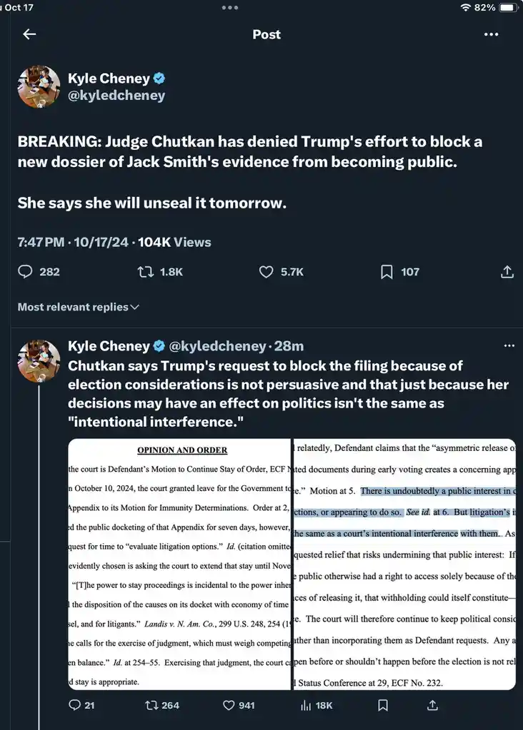 A screenshot of a Twitter post by Kyle Cheney showing a court opinion document where Judge Chutkan denies Trump's request to…