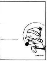 A black-and-white cartoon drawing shows a small, round-faced character wearing a winter hat and scarf, running frantically…
