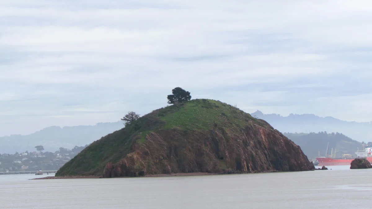 A small, grassy island with a few trees and rocky cliffs sits in a body of water under an overcast sky, with distant hills…