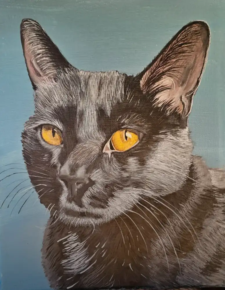 A detailed painting of a gray cat with striking yellow eyes and pointed ears, set against a solid blue background. The cat's…