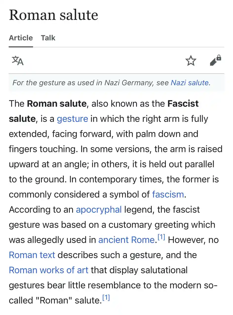 This image is a screenshot of a Wikipedia article titled 'Roman salute,' which defines the gesture as a right-arm extension…