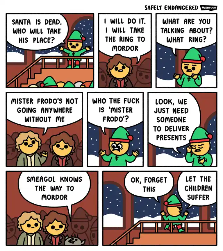 A six-panel comic strip shows a confused elf trying to replace Santa by taking the One Ring to Mordor, but is repeatedly…