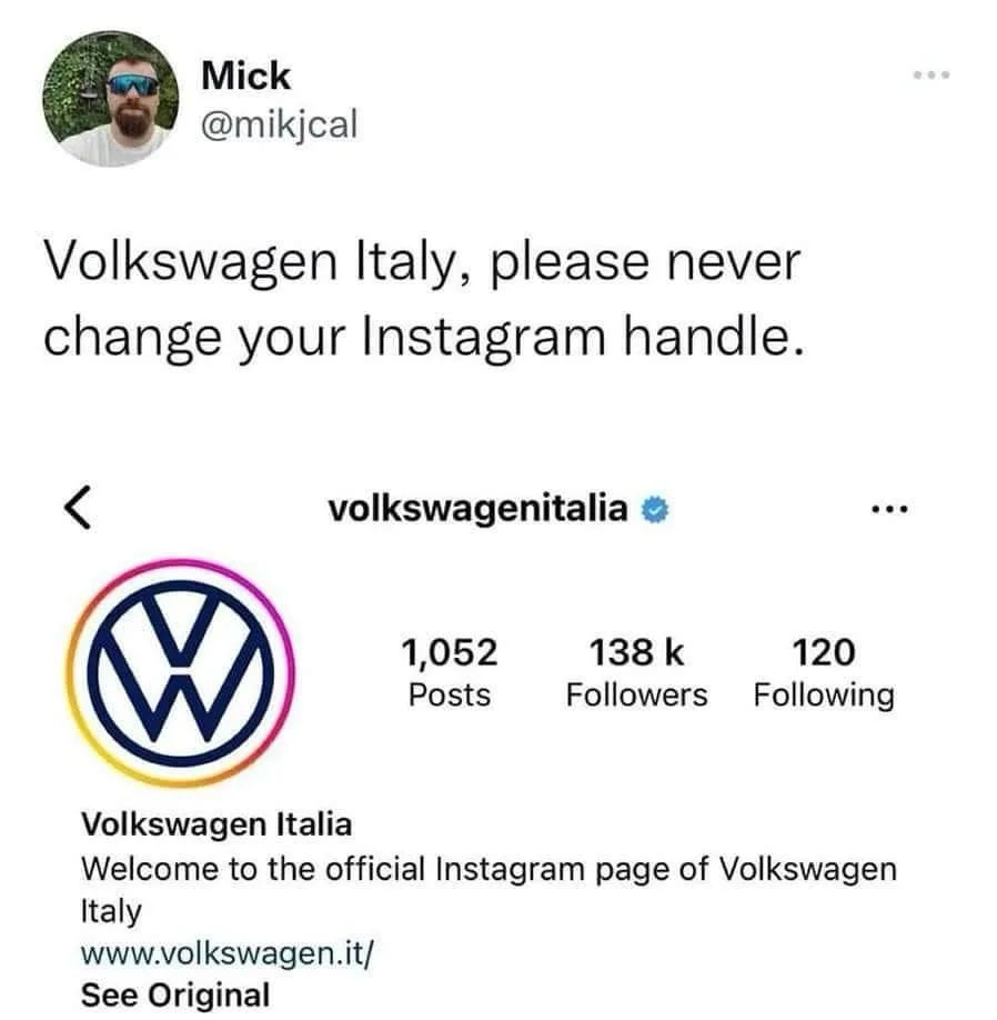 An Instagram post by user Mick (@mikjcal) shows the official Volkswagen Italia account, which has the handle…