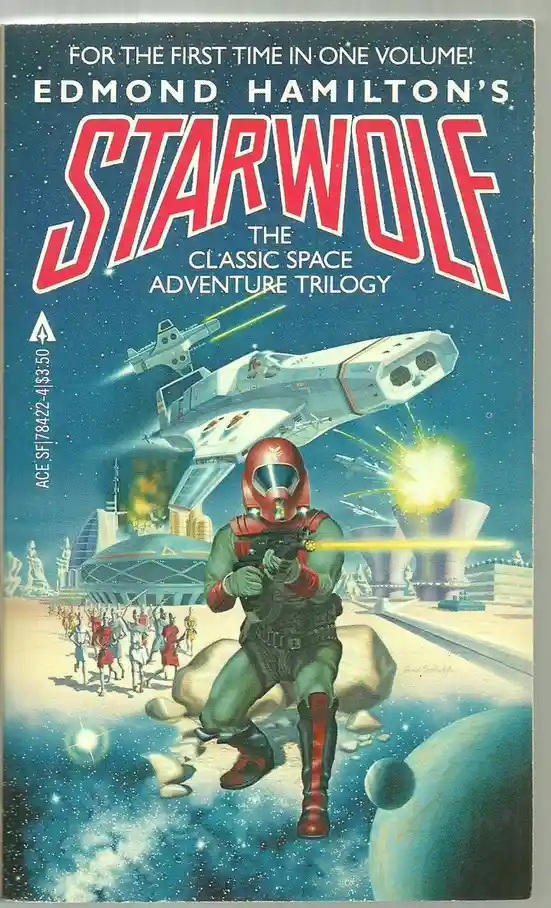 The image is a vintage science fiction book cover for 'Starwolf' by Edmond Hamilton, depicting a soldier in red helmet and…