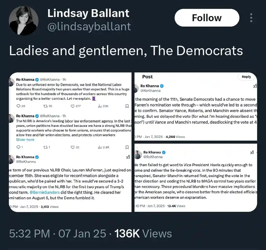 A screenshot of a Twitter thread by Ro Khanna showing his posts about Democrats losing control of the NLRB due to procedural…