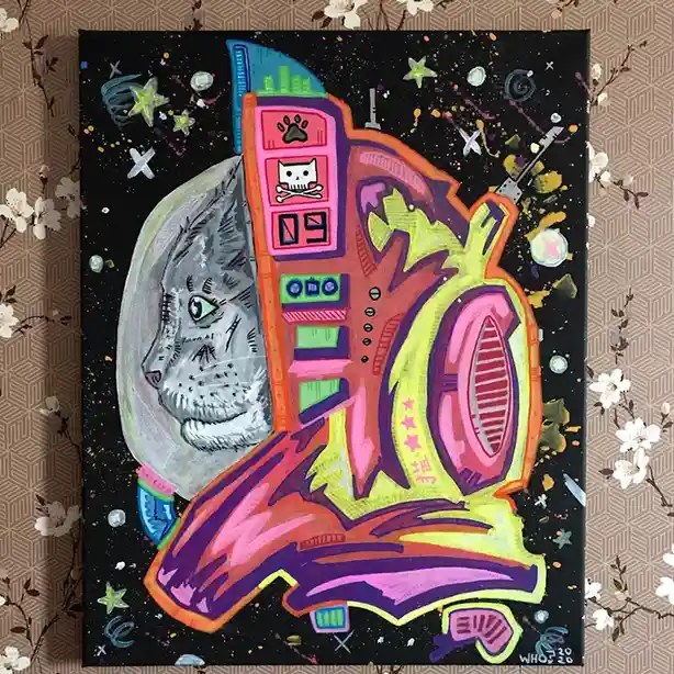A vibrant, stylized painting depicts a gray cat wearing a space helmet, seated inside a colorful, retro-futuristic rocket…