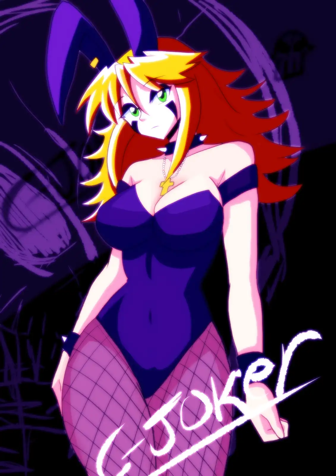 An anime-style illustration of a female character with red and blonde hair, green eyes, and a mischievous expression…