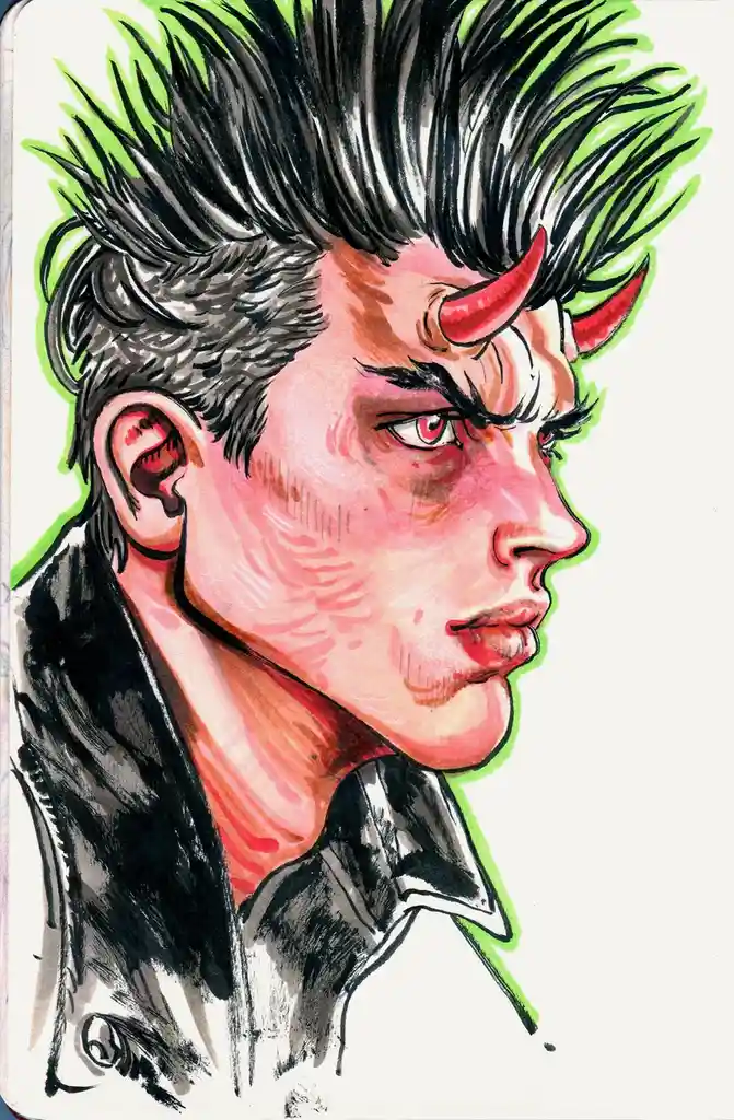 A stylized illustration of a young man in profile, featuring spiky black hair with a green outline, red devil horns, and red…