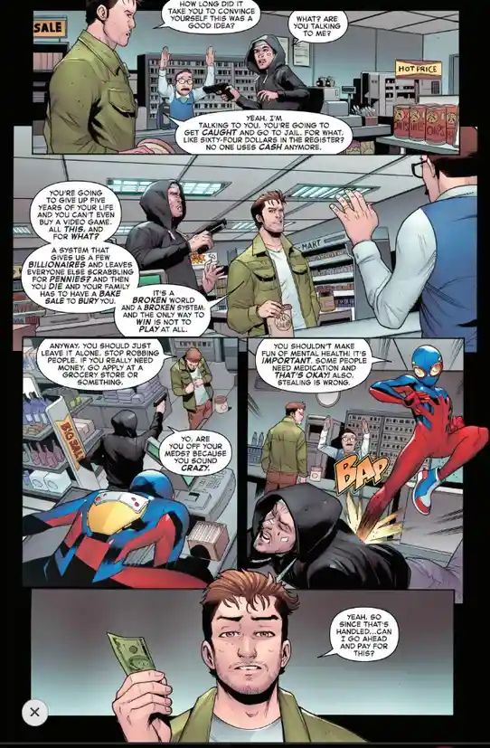 A comic panel sequence shows a masked robber confronting a store clerk, who argues about the broken system and the futility…