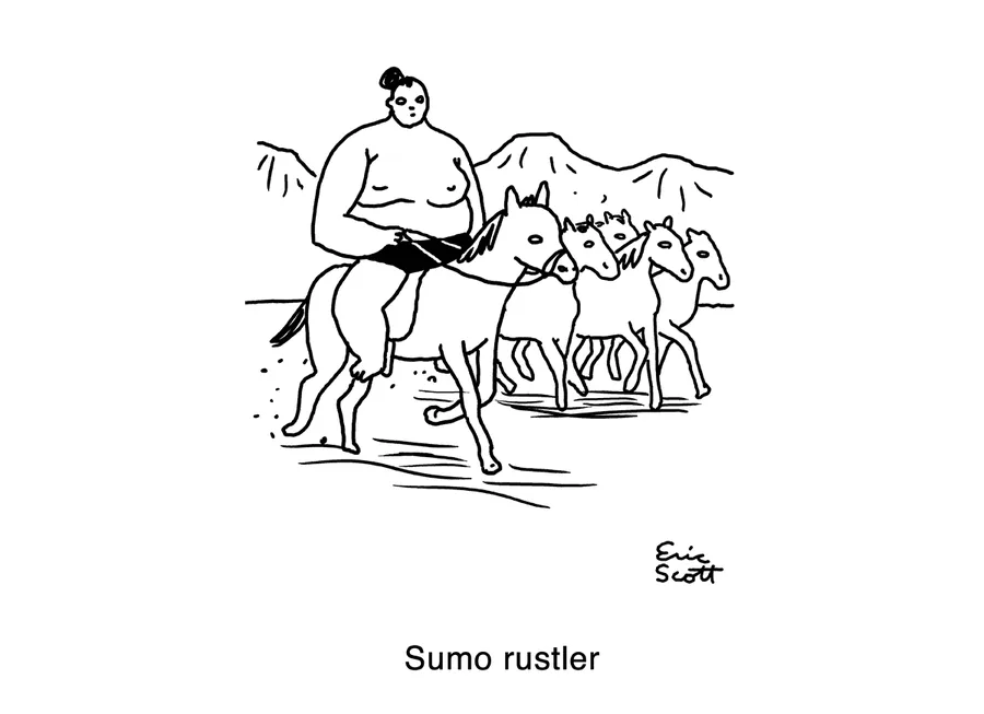 A black-and-white cartoon depicts a sumo wrestler riding a single horse while four other horses run alongside him, with…
