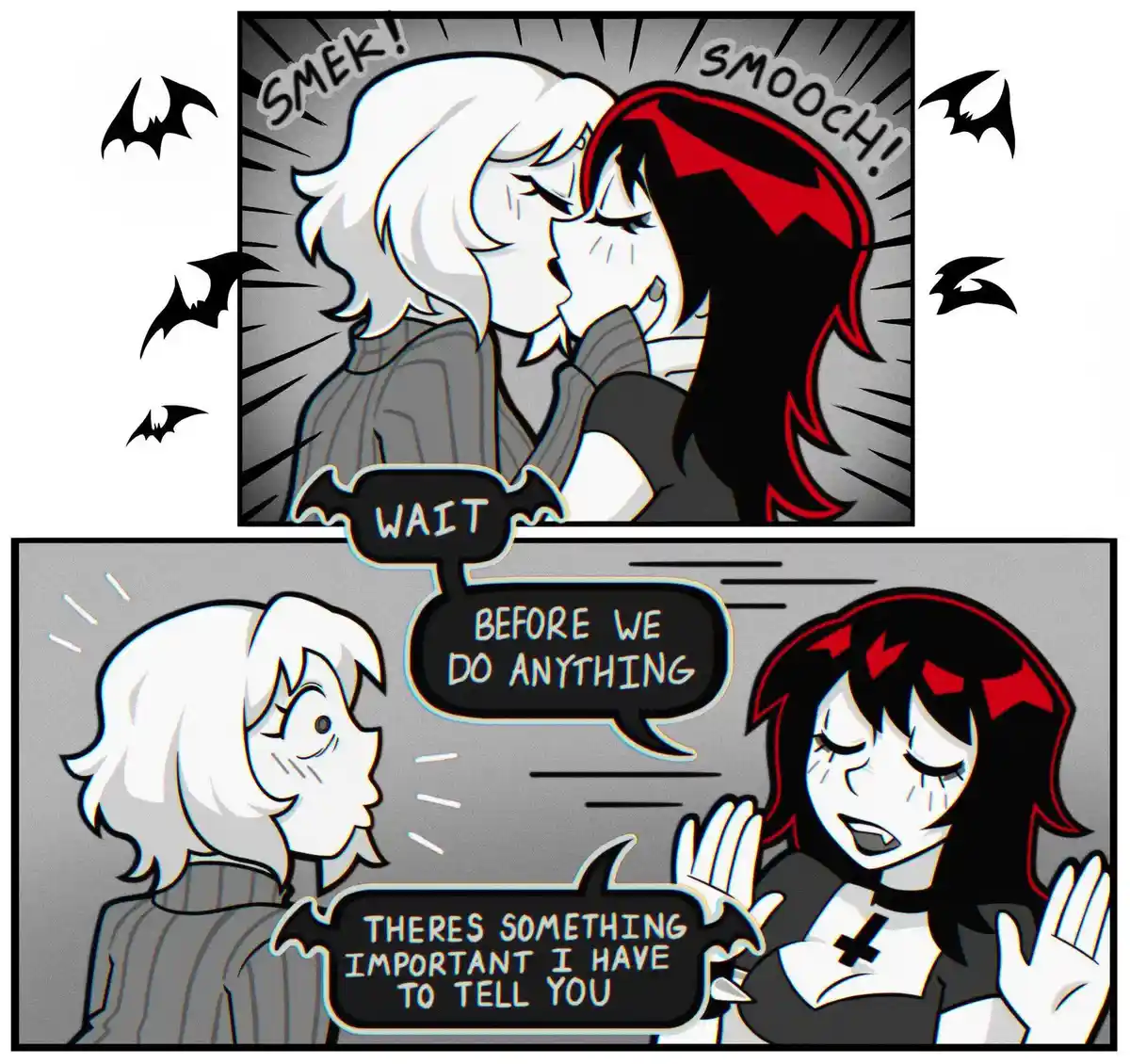 Two anime-style characters are shown in a two-panel comic. In the top panel, they kiss passionately with sound effects…