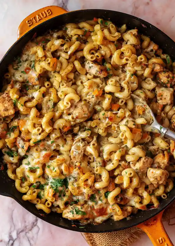A close-up photo shows a golden-brown, cheesy mac and cheese dish with chicken pieces and herbs in a black cast iron skillet…
