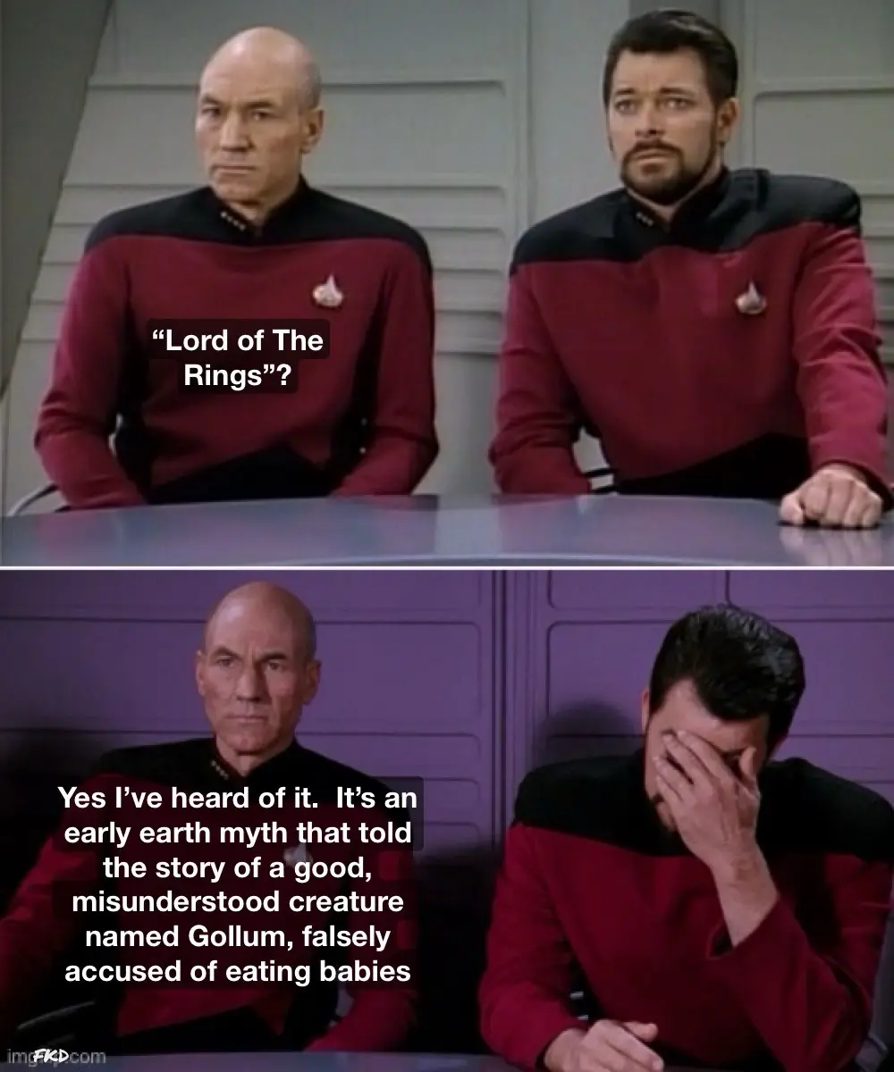 Two men in Starfleet uniforms sit at a table. In the top panel, one asks "Lord of The Rings"?". In the bottom panel, the…