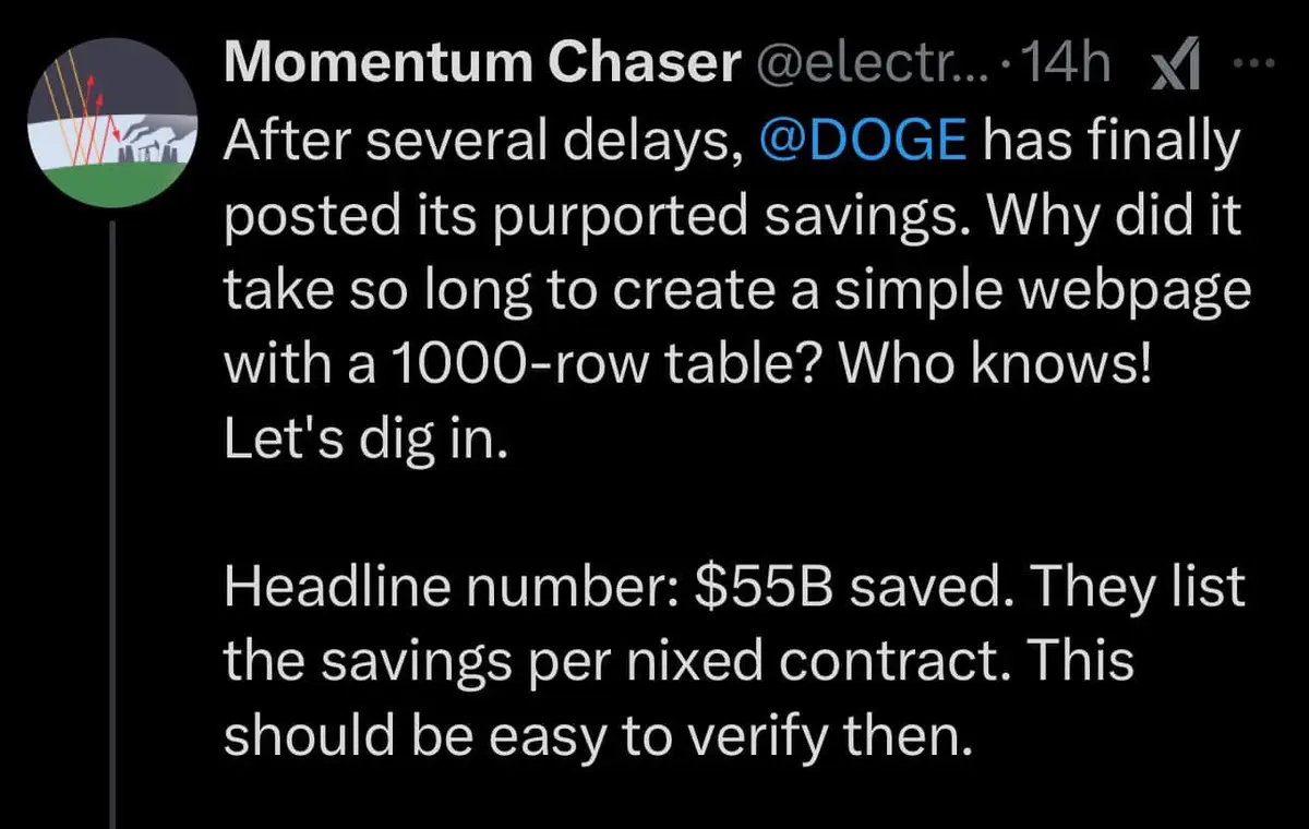 A screenshot of a tweet from 'Momentum Chaser' criticizing Dogecoin's delayed release of a savings report, sarcastically…